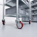 80mm red polyurethane bolt hole castors on a steel warehouse picking cart