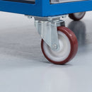 80mm swivel top plate castor with maroon polyurethane wheel under a blue steel production kitting trolley