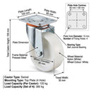 White Smoke 80mm Pressed Steel Swivel Castor Wheel with 4 Hole Top Plate & White Nylon Wheel - 120kg Load Capacity