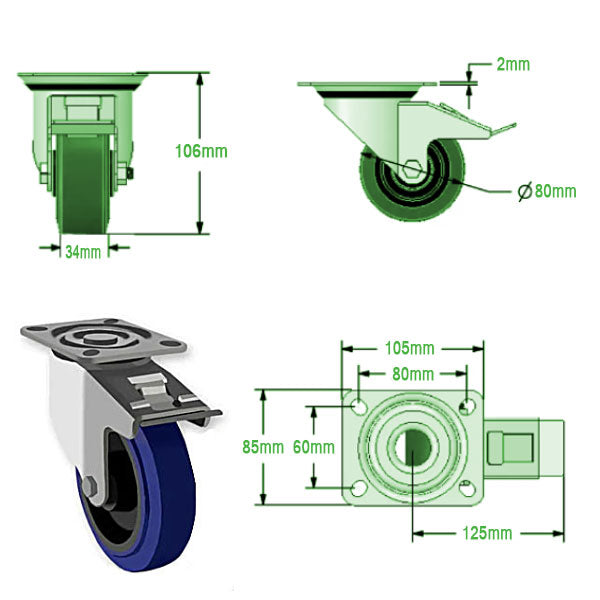 Dark Slate Gray 80mm Medium Duty Swivel, Fixed & Braked Castors with Blue Elastic Rubber Wheels 150kg Load Capacity