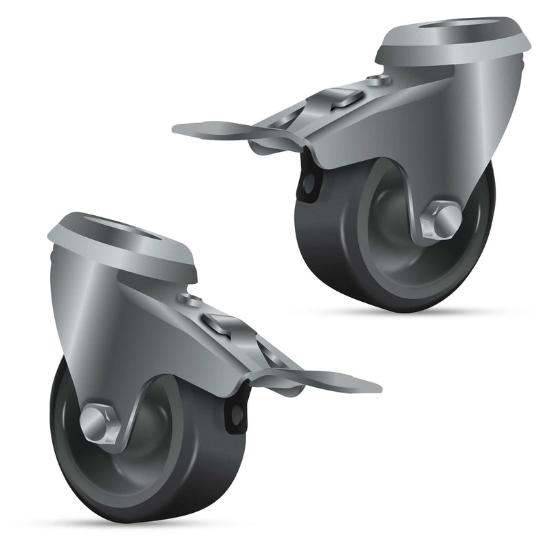 50mm Bolt Hole Braked Castors, Grey Rubber Wheel, Plain Bearing, 70mm Height, 10mm Bolt Hole, 50kg Load Capacity for Light Duty, Display Racks