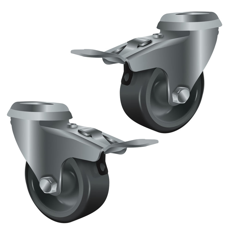 50mm Bolt Hole Braked Castors, Grey Rubber Wheel, Plain Bearing, 70mm Height, 10mm Bolt Hole, 50kg Load Capacity for Light Duty, Display Racks