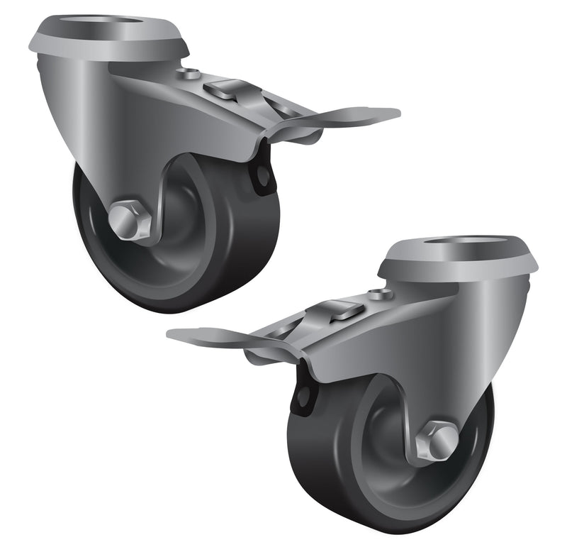 50mm Swivel Castors with Brake, Grey Rubber Wheel, Plain Bearing, 50kg Load Caacty for Light Duty, Display Racks, POS, and Furniture - 8mm Bolt Hole