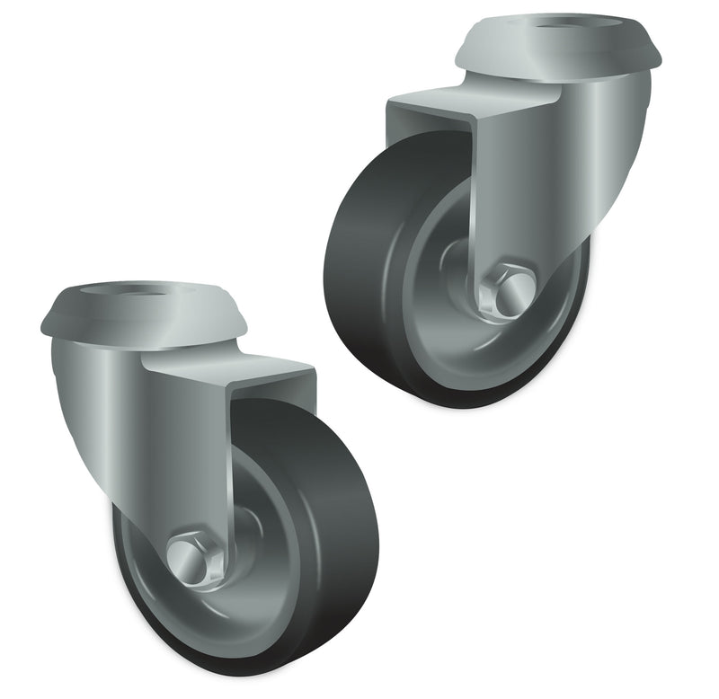 50mm Bolt Hole Swivel Castor with Grey Rubber Wheel, M10 Bolt, Plain Bearing, 50kg Load Capacity for Point of Sale & Display Racks