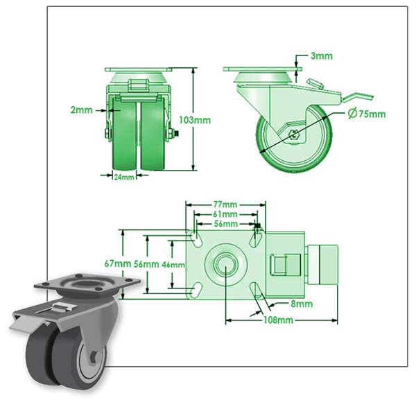 Light Gray 75mm Apparatus Castor Swivel & Total Stop Brake, 4 Bolt Fitting & Twin Grey Non Marking Wheel With Single Bolt Fitting