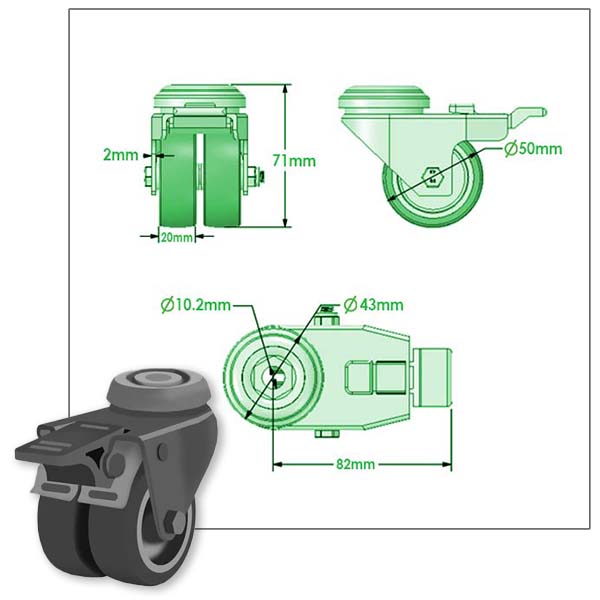 Light Gray 50mm Apparatus Castor with Swivel & Braked Single Bolt Fitting & Twin Grey Non Marking Wheel - 60kg Load Capacity