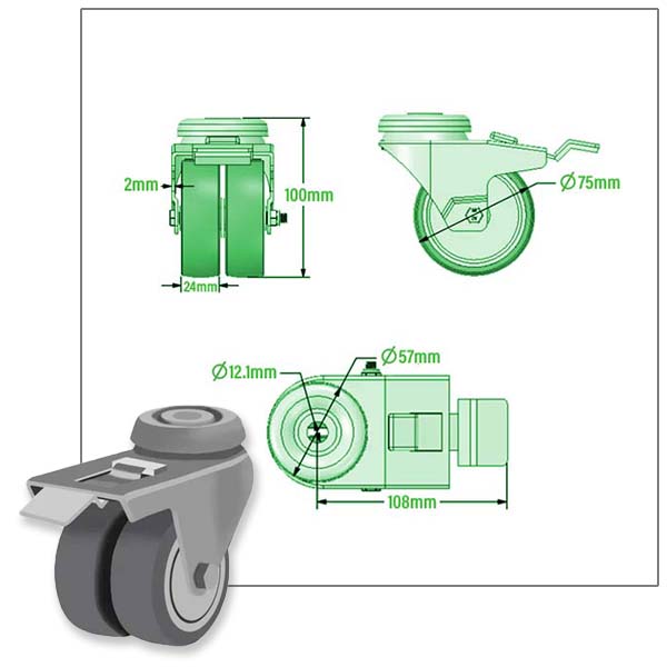 Light Gray 75mm Apparatus Castors with Total Stop Brake, Single Bolt Fitting & Twin Grey Non Marking Wheel - 90kg Load Capacity