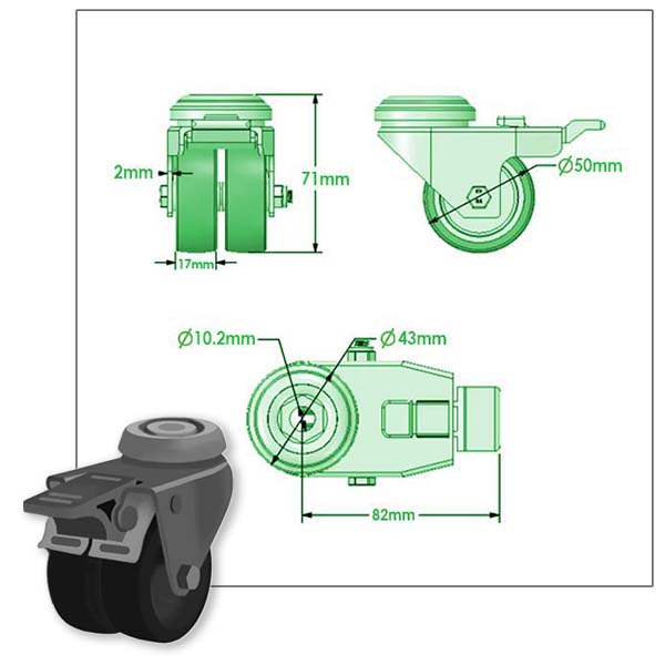 Light Gray 50mm Apparatus Castor with Swivel & Total Stop Brake, Single Bolt Fitting & Twin Black Nylon Wheel - 60kg Load Capacity