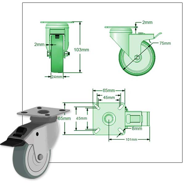 Light Gray 75mm Swivel, Fixed & Braked Apparatus Castor with 4 bolt Fitting Total Stop Brake & Grey Non Marking Wheel 50kg Load Capacity