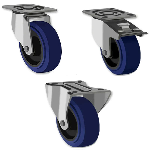 Dark Slate Gray 100mm Stainless Steel Swivel Castor with Blue Rubber Wheel 150kg Load Capacity