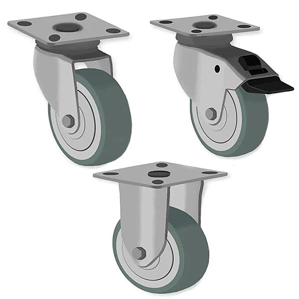 Gray 50mm Swivel, Fixed & Braked Apparatus Castor with 4 bolt Fitting & Grey Non Marking Rubber Wheel 40Kg Load Capacity