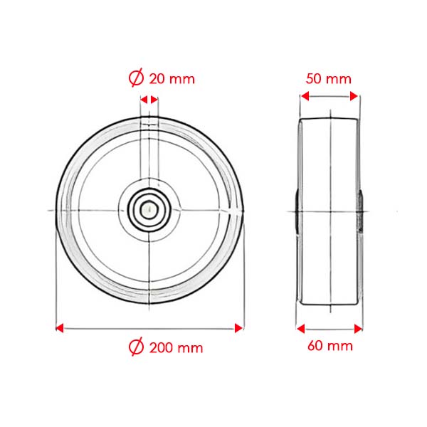 200mm Heavy Duty Nylon Wheel Only with 20mm (Ball Bearing) Bore