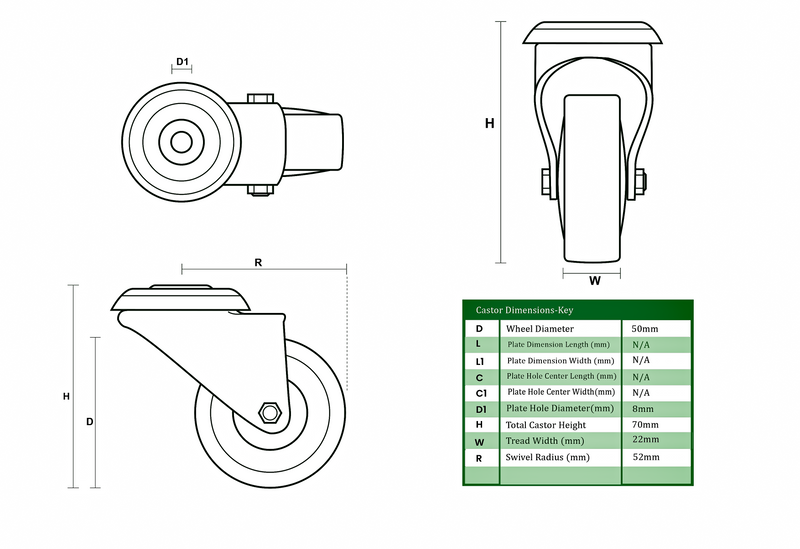50mm Swivel Bolt Hole Castor, Black Polypropylene Wheels, 55kg Load Capacity, M8 Fitting, Light Duty Furniture & Display Racks, 70mm Height.