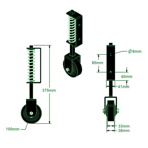 Heavy Duty Fixed Sprung Loaded Gate Castor With 100mm Rubber Tyred Wheel