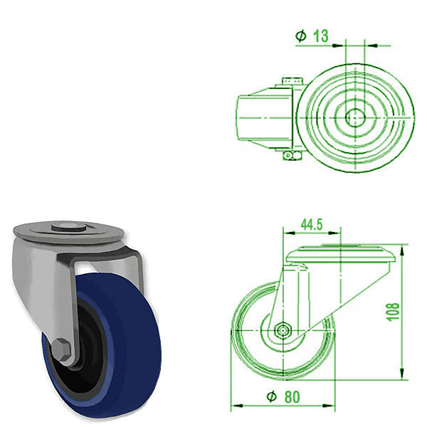 Light Gray 80mm Stainless Steel Swivel &  Braked Bolt Hole Castor with Blue Rubber Wheel 150kg Load Capacity