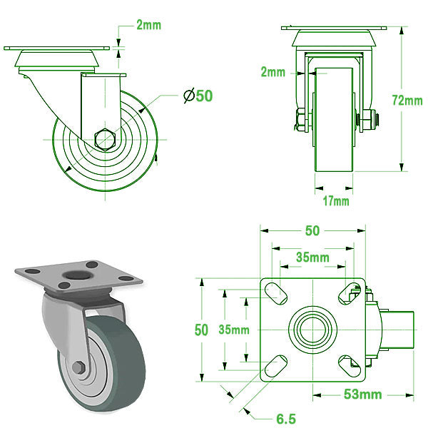 Dark Olive Green 50mm Swivel, Fixed & Braked Apparatus Castor with 4 bolt Fitting & Grey Non Marking Rubber Wheel 40Kg Load Capacity