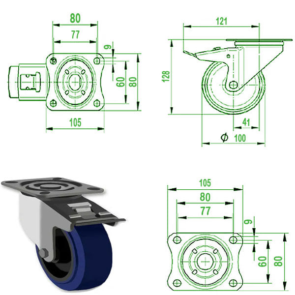 Dark Slate Gray 100mm Stainless Steel Swivel Castor with Blue Rubber Wheel 150kg Load Capacity