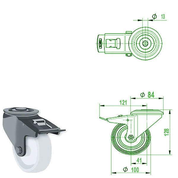 Beige 100mm Stainless Steel Swivel & Braked Bolt Hole Castor with Nylon Wheel 200kg Load Capacity