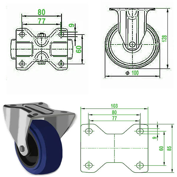 Light Gray 100mm Stainless Steel Swivel Castor with Blue Rubber Wheel 150kg Load Capacity