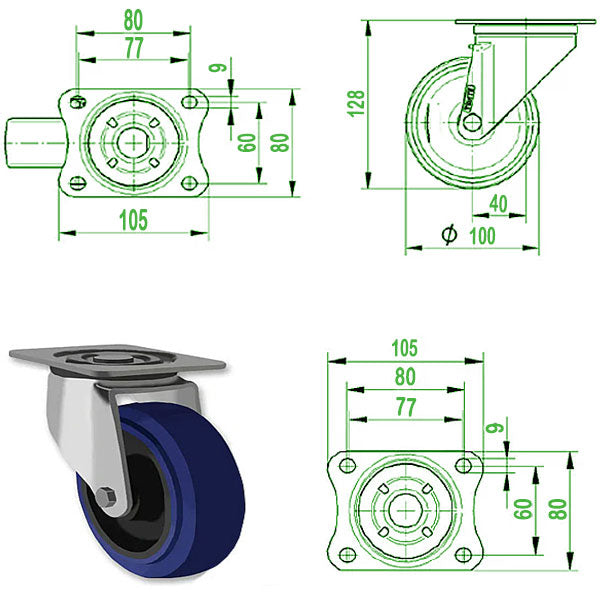 Dark Slate Gray 100mm Stainless Steel Swivel Castor with Blue Rubber Wheel 150kg Load Capacity