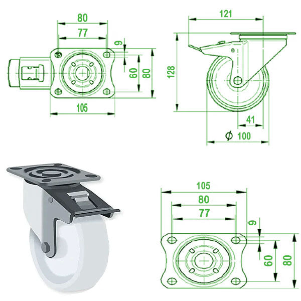 Beige 100mm Stainless Steel Swivel, Fixed & Total Stop Braked Castor with Nylon Wheel 200kg Load Capacity