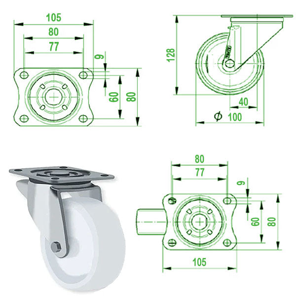 Lavender 100mm Stainless Steel Swivel, Fixed & Total Stop Braked Castor with Nylon Wheel 200kg Load Capacity