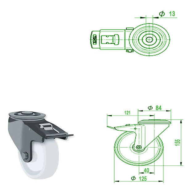 Light Gray 125mm Stainless Steel Swivel & Braked Bolt Hole Castor with Nylon Wheel 200kg Load Capacity