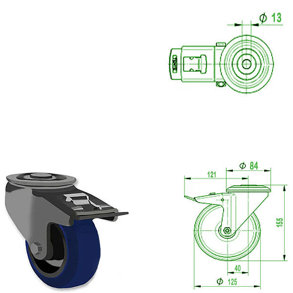 Light Gray 125mm Stainless Steel Swivel & Braked Bolt Hole Castor with BLUE RUBBER Wheel 150kg Load Capacity