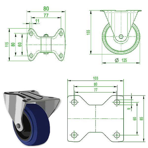 Dark Slate Gray 125mm Stainless Steel Swivel, Fixed & Total Stop Braked Castor with BLUE RUBBER Wheel 250kg Load Capacity