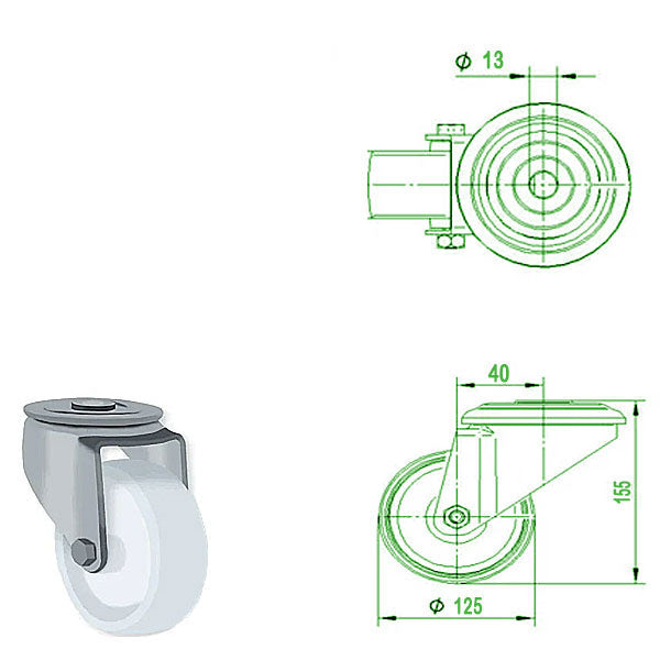 Lavender 125mm Stainless Steel Swivel & Braked Bolt Hole Castor with Nylon Wheel 200kg Load Capacity