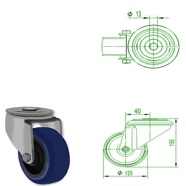 Light Gray 125mm Stainless Steel Swivel & Braked Bolt Hole Castor with BLUE RUBBER Wheel 150kg Load Capacity