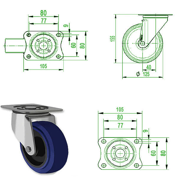 Dark Slate Gray 125mm Stainless Steel Swivel, Fixed & Total Stop Braked Castor with BLUE RUBBER Wheel 250kg Load Capacity