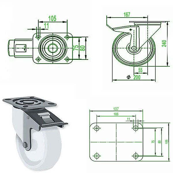 Dark Slate Gray 200mm Stainless Steel Swivel, Fixed & Braked Castor with 4 bolt fixing plate 500kg Load Capacity