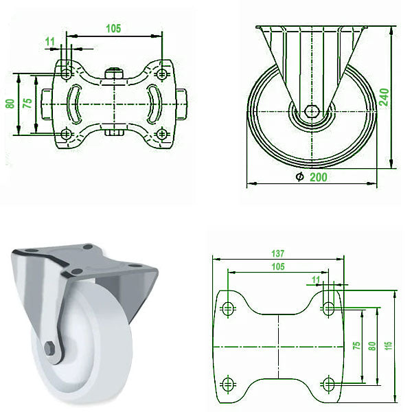 Dark Slate Gray 200mm Stainless Steel Swivel, Fixed & Braked Castor with 4 bolt fixing plate 500kg Load Capacity