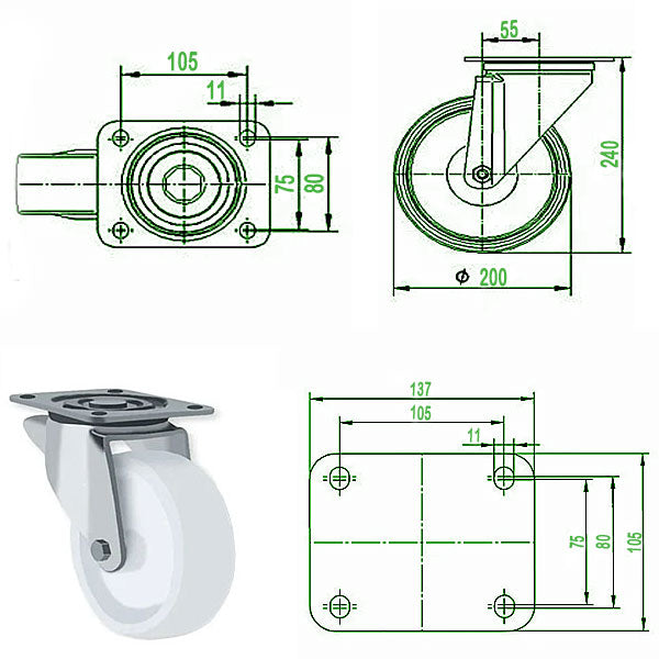 Dark Slate Gray 200mm Stainless Steel Swivel, Fixed & Braked Castor with 4 bolt fixing plate 500kg Load Capacity