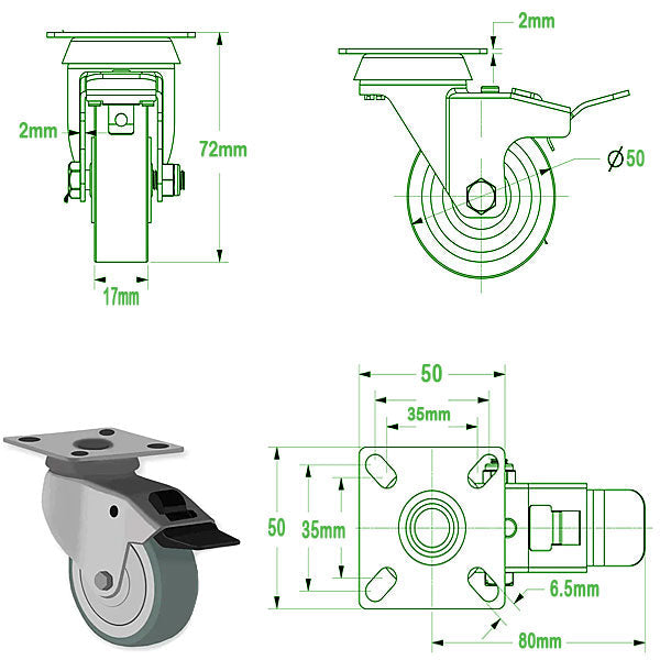 Dark Slate Gray 50mm Swivel, Fixed & Braked Apparatus Castor with 4 bolt Fitting & Grey Non Marking Rubber Wheel 40Kg Load Capacity