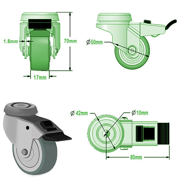 Light Gray 50mm Swivel & Braked Apparatus Castor with Wheel Brake, Single Bolt Fitting & Grey Non Marking Wheel 40Kg Load Capacity