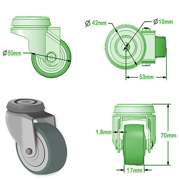 Light Gray 50mm Swivel & Braked Apparatus Castor with Wheel Brake, Single Bolt Fitting & Grey Non Marking Wheel 40Kg Load Capacity