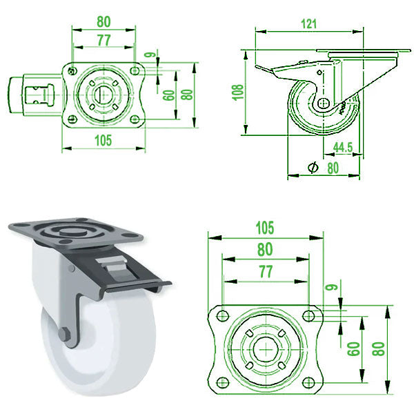 Lavender 80mm Stainless Steel Swivel, Fixed & Total Stop Braked Castor with Nylon Wheel & Total Stop Brake 200kg Load Capacity