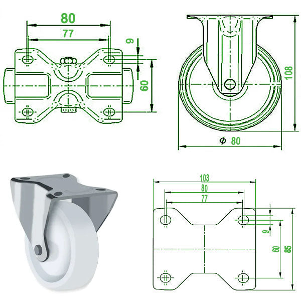 White Smoke 80mm Stainless Steel Swivel, Fixed & Total Stop Braked Castor with Nylon Wheel & Total Stop Brake 200kg Load Capacity