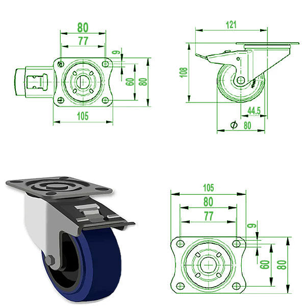 Dark Slate Gray 80mm Stainless Steel Swivel, Fixed & Braked Castor with Blue Rubber Wheel & Total Stop Brake 150kg Load Capacity