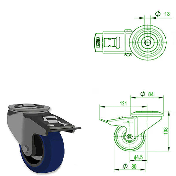 Light Gray 80mm Stainless Steel Swivel &  Braked Bolt Hole Castor with Blue Rubber Wheel 150kg Load Capacity