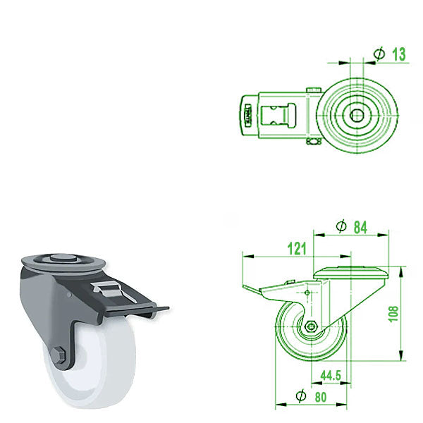 Light Gray 80mm Stainless Steel Swivel & Braked Bolt Hole Castor with Nylon Wheel 200kg Load Capacity