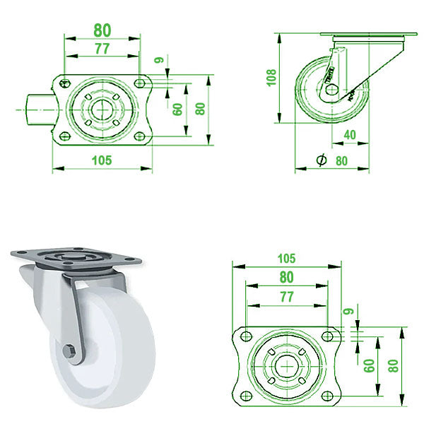 Lavender 80mm Stainless Steel Swivel, Fixed & Total Stop Braked Castor with Nylon Wheel & Total Stop Brake 200kg Load Capacity