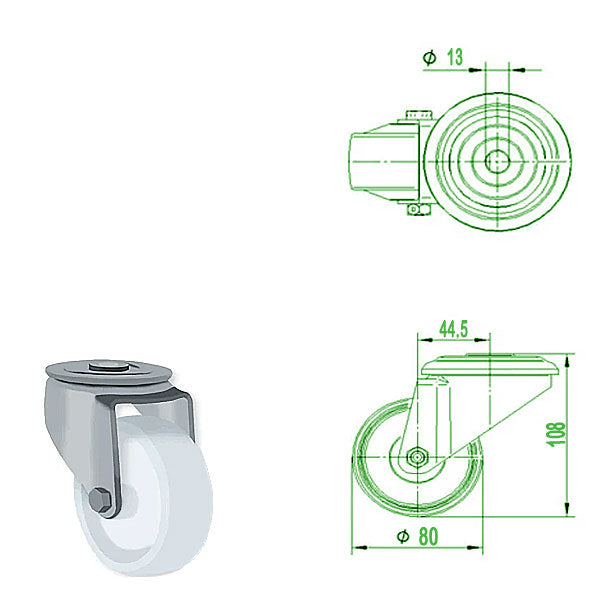 Light Gray 80mm Stainless Steel Swivel & Braked Bolt Hole Castor with Nylon Wheel 200kg Load Capacity