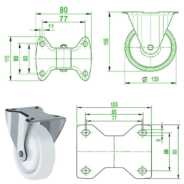 Lavender 125mm Stainless Steel Swivel, Fixed & Braked Castor with Nylon Wheel 250kg Load Capacity