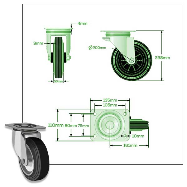 Light Gray 200mm Swivel, Fixed & Brake Waste Container Castors with Black Rubber Tyre, Steel Centre Wheel