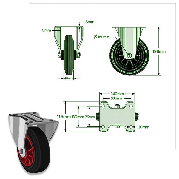 Black 160mm Swivel, Fixed & Brake Waste Container Castors With Black Rubber Tyre Plastic Centre Wheel