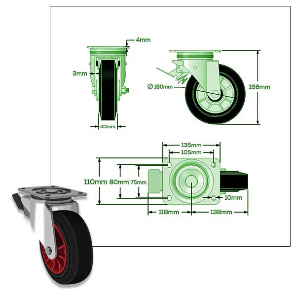 Black 160mm Swivel, Fixed & Brake Waste Container Castors With Black Rubber Tyre Plastic Centre Wheel