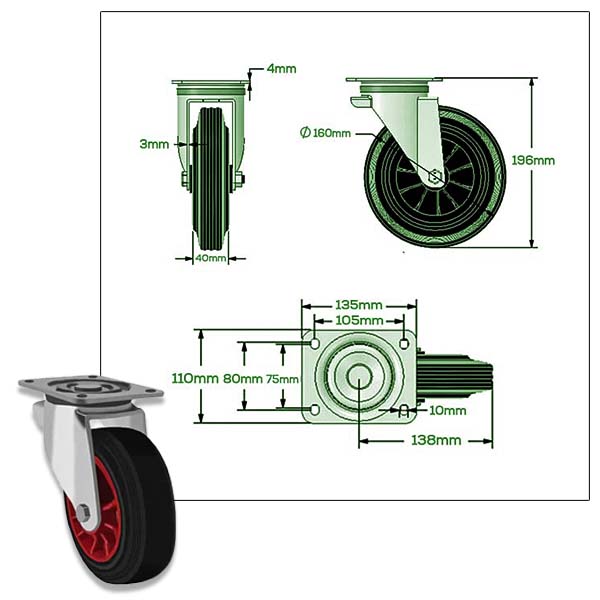 Beige 160mm Swivel, Fixed & Brake Waste Container Castors With Black Rubber Tyre Plastic Centre Wheel